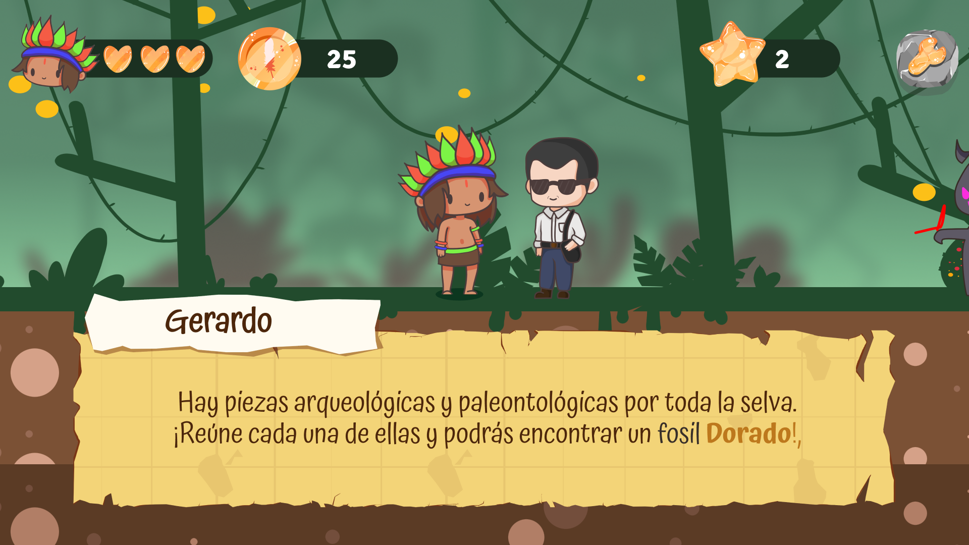 Escena del nivel 1 de Norte de Aventuras: la selva con piezas arqueológicas y paleontológicas